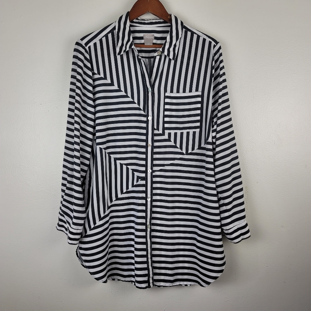 CHICOS Long Sleeve Striped Tunic Sz Medium